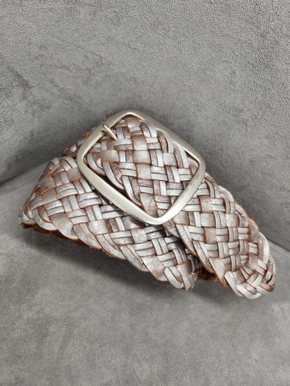 Linea Pelle belt women's M silver leather woven wide metallic solid brass artsy